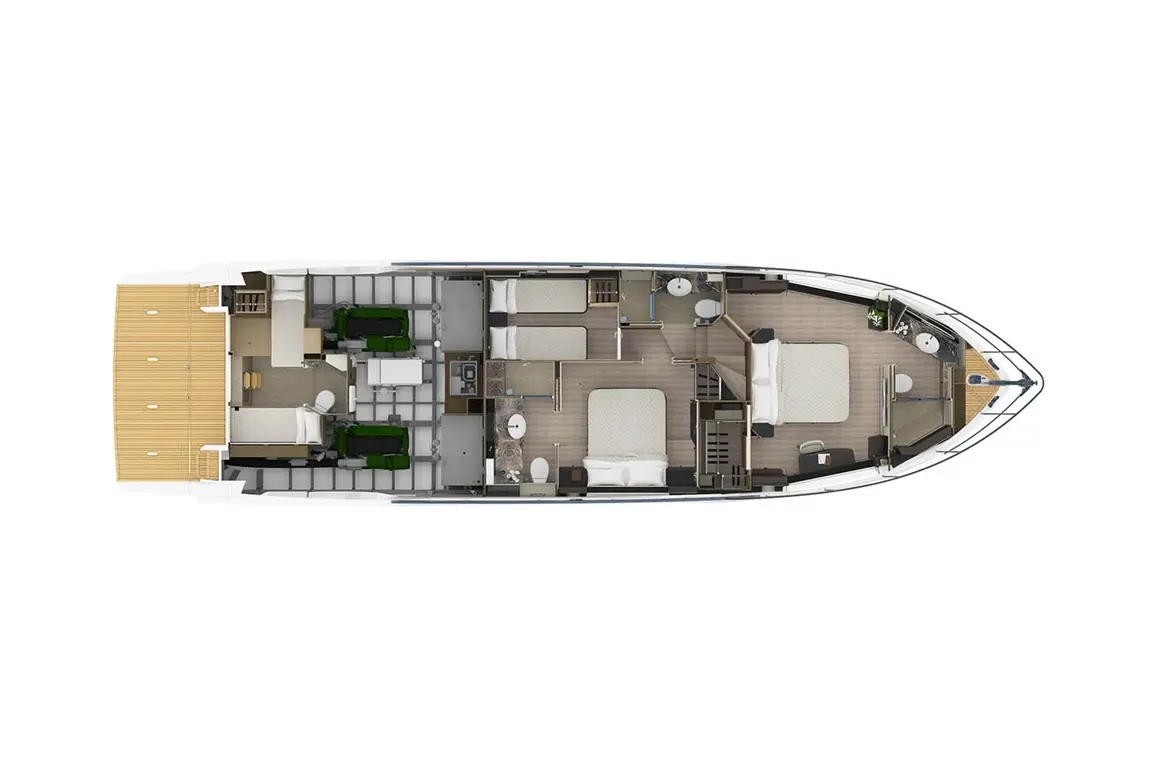 Top-down view of a yacht's floor plan featuring two bedrooms, a kitchen, and a living area, with furniture layout indicated.